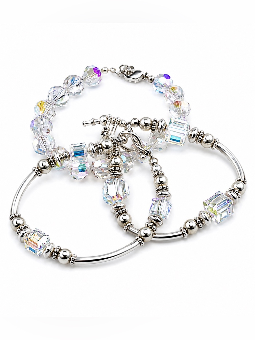 Aurora Crystal Bead and Genuine Silver 3 pc Stunning Bracelet Set, NWOT